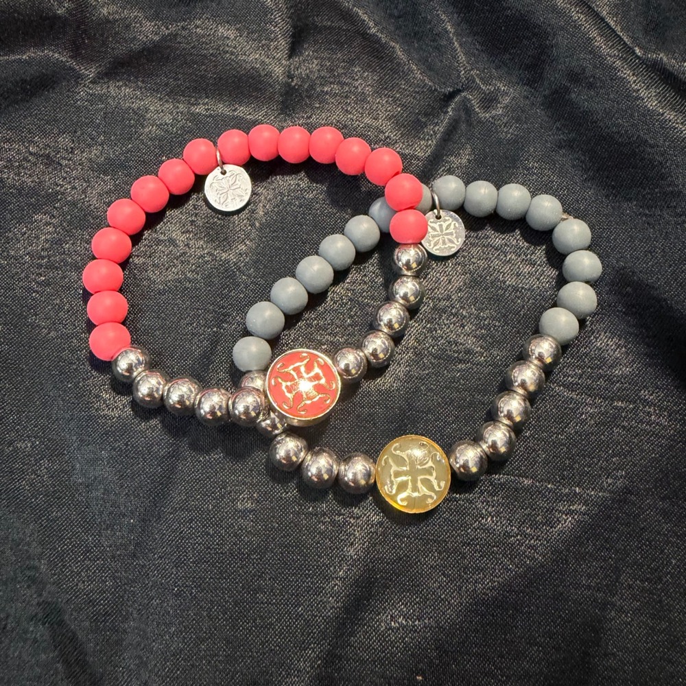 Rustic Cuff Beaded Stretch Bracelet Set OS Pink Gray Silver Charm‎
